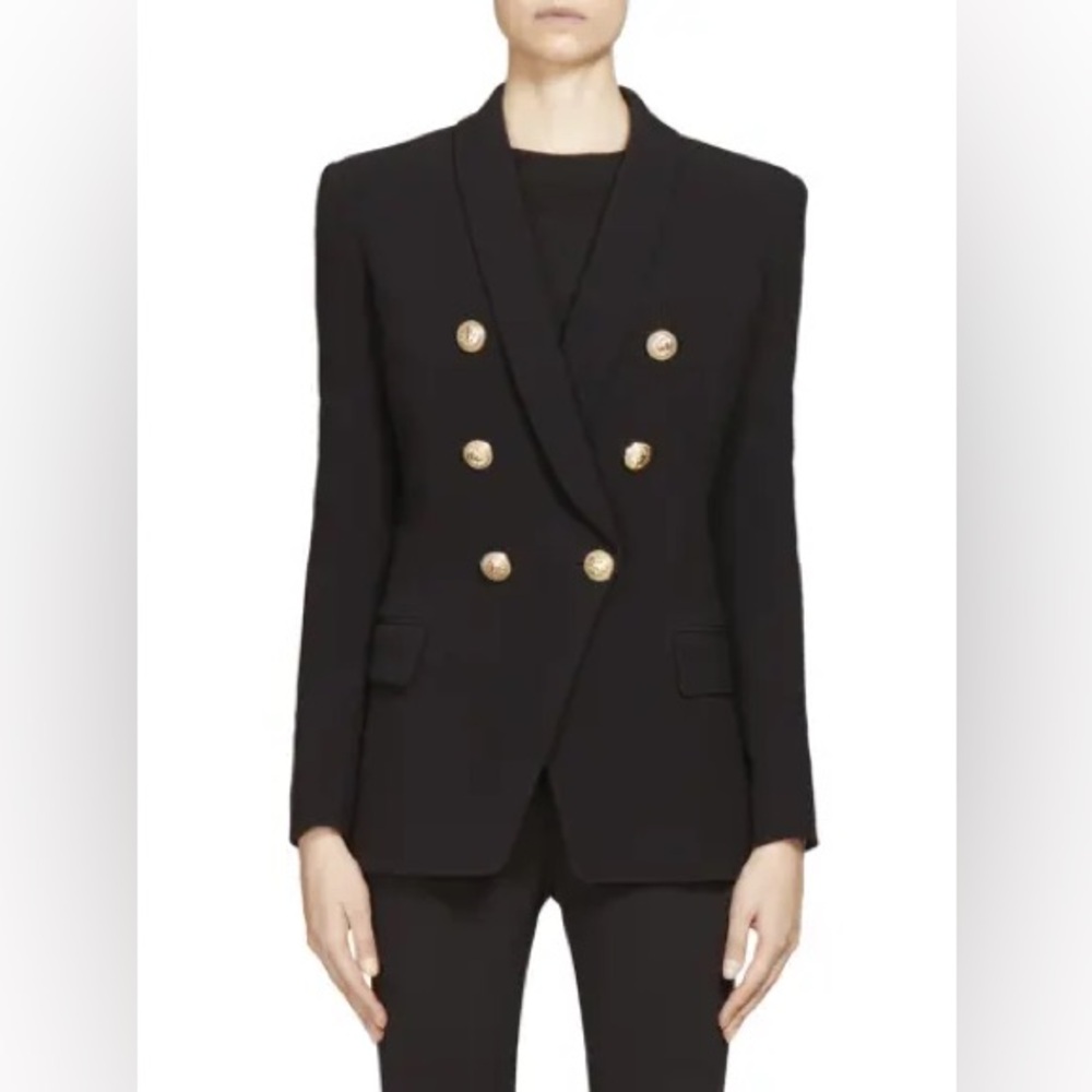 Balmain Black Double-Breasted Shawl Collar Blazer w Gold Buttons XS